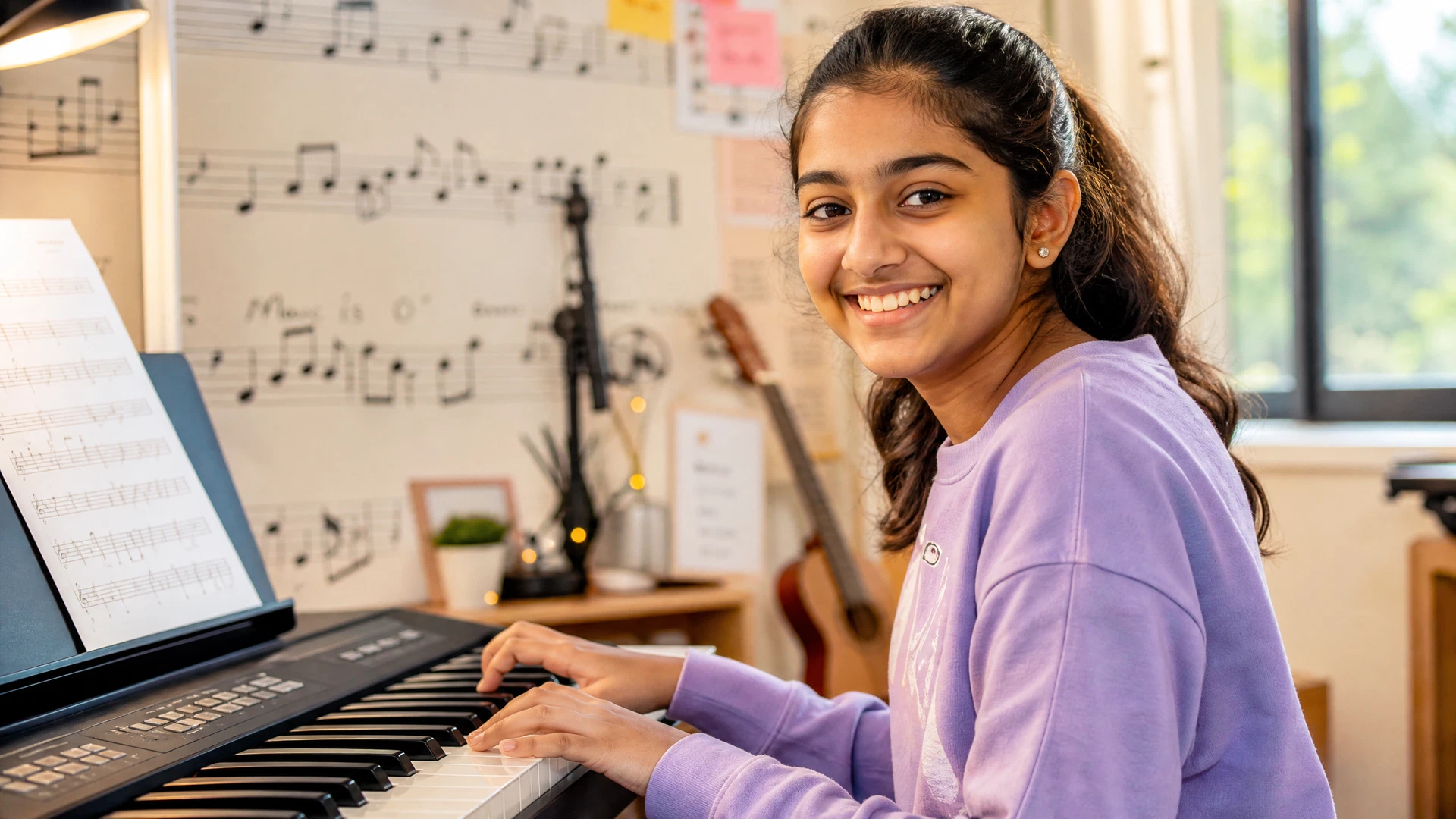 Young Indian girl learning music at keyboard
